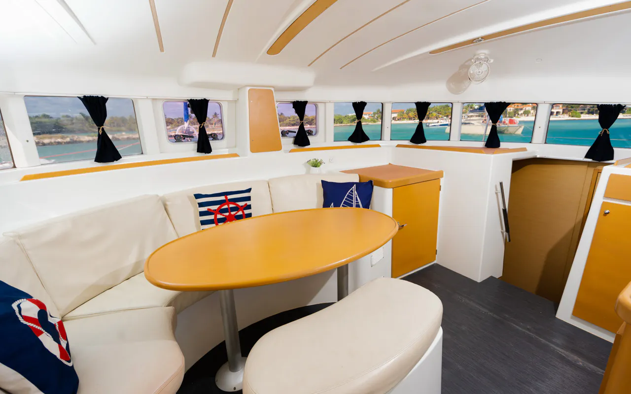 Plenty of indoor space in this catamaran for private charter in Tulum